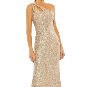 MAC DUGGAL 42029 SEQUINED STRAPPY ONE SHOULDER GOLD COLUMN GOWN sz 14